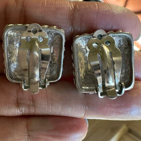 VTG Earrings 925 Sterling Silver ART DECO Square 0.75" Gold Plated Clip-On 14.7g - Picture 4 of 8